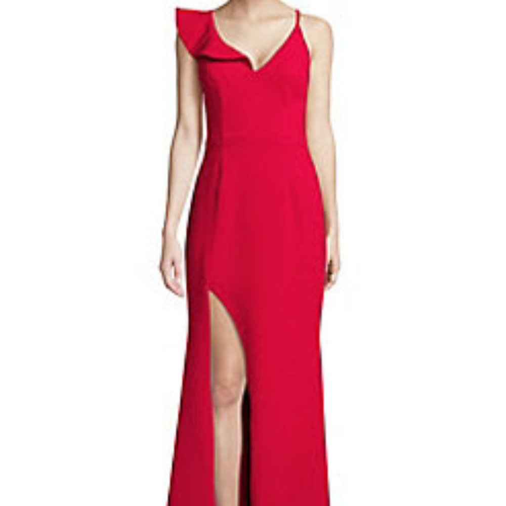 Xscape  Ruffle Sleeve High-Slit Gown Color: RED Size: 8